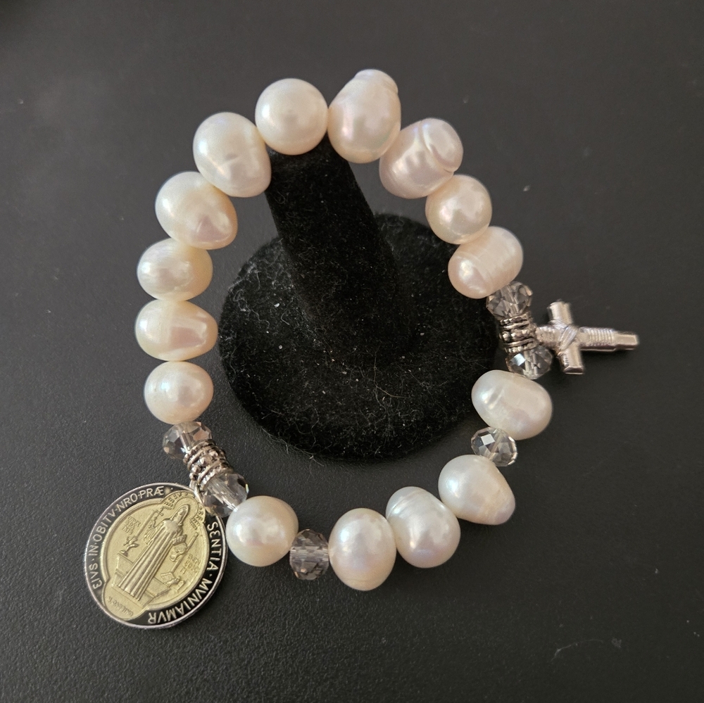 Religious-Saint Benedict Fresh Water Pearl Rosary Bracelet